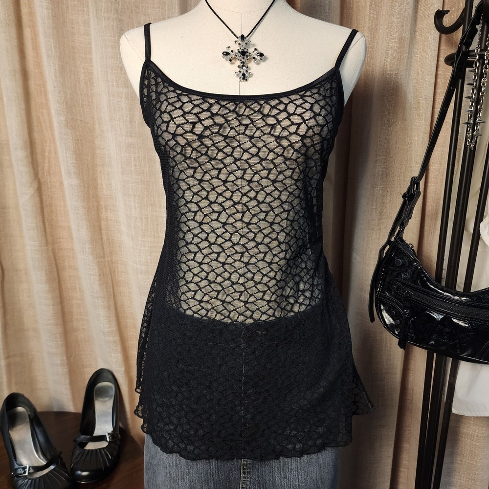Y2K Fredericks of Hollywood Black Lace Side Cutout Cami Tunic L Gothic